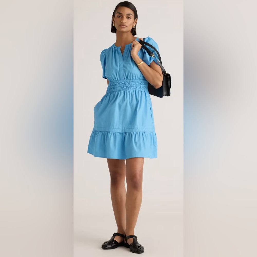 Quince Sky Blue Short Sleeve Smocked Waist Tiered Mini Dress - Picture 13 of 13